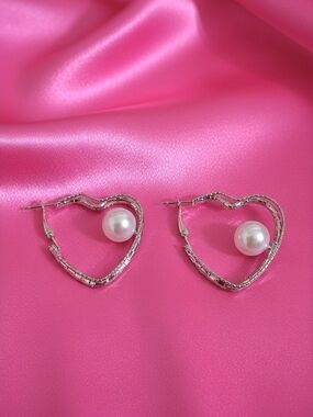 Silver Heart Hoop Earrings with Pearl Accent - Women Jewelry